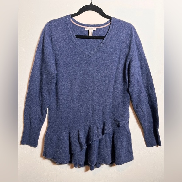 Isaac Mizrahi 100% Cashmere Ruffle Peplum Pullover Blue Sweater Size Medium - Picture 2 of 8